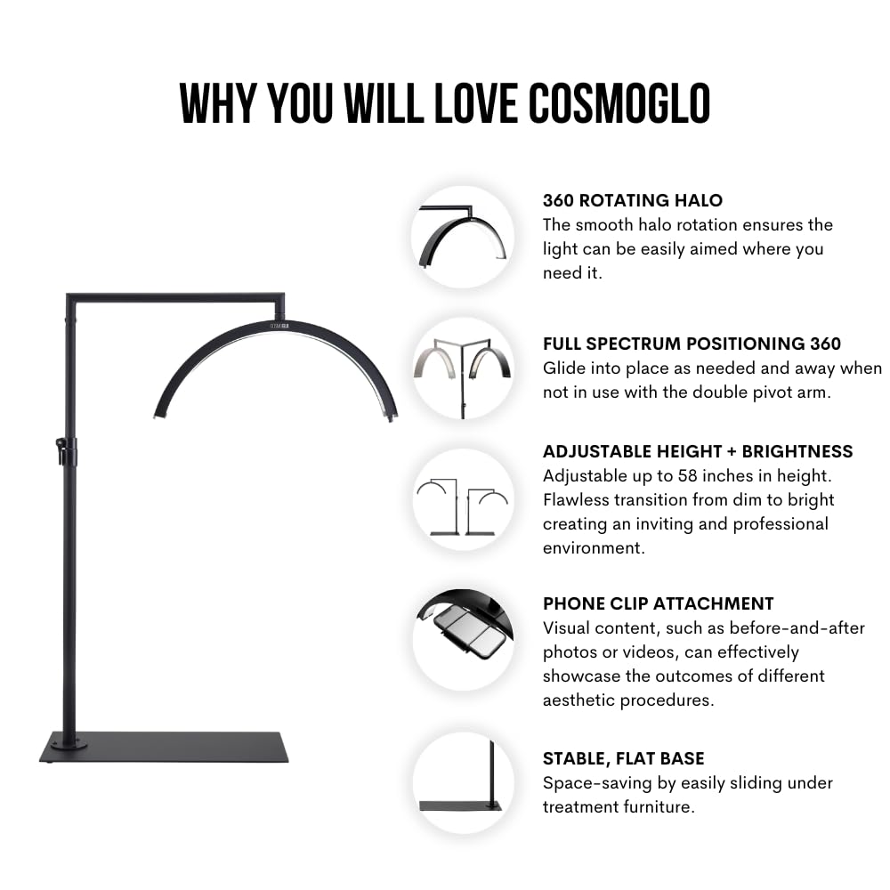 CosmoGlo Original Light + Phone Clip (Black) for Eyelash Extensions, Skincare, Nails, Lashes, Eyebrows, Filming, Content Creation, LED Floor Light, 360 Rotation Curved Halo, Half Moon Lamp